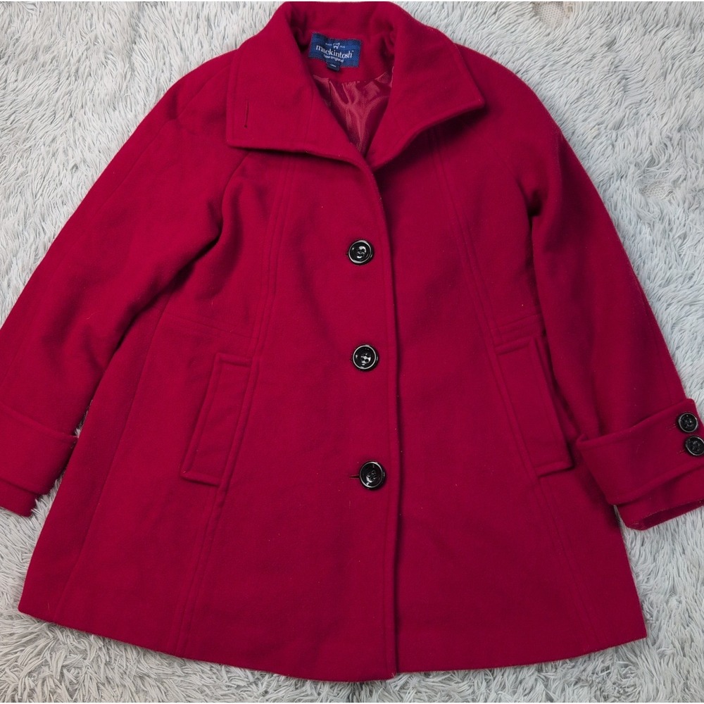 Mackintosh Jacket Womens L Red Wool Blend Pockets Warm Cozy Button Up Comfy